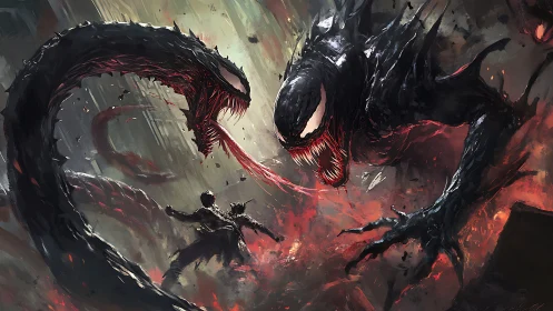Kinetic symbiote assault encircles lone figure in high-contrast chaos