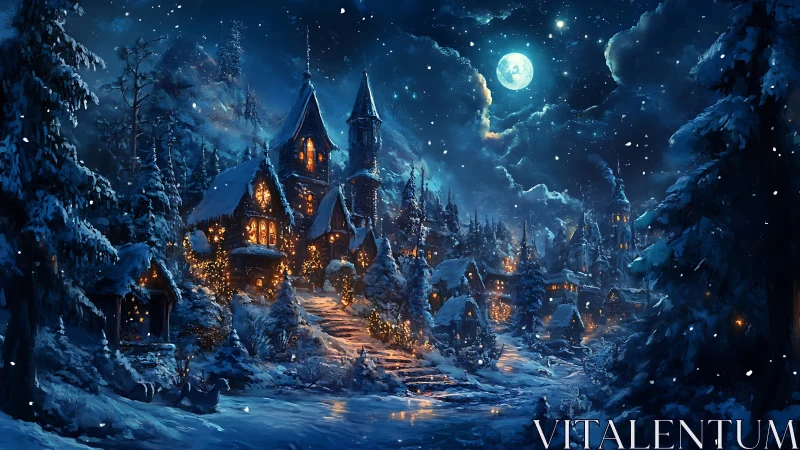 Fantasy winter village under luminous moonlit snowfall at night.
