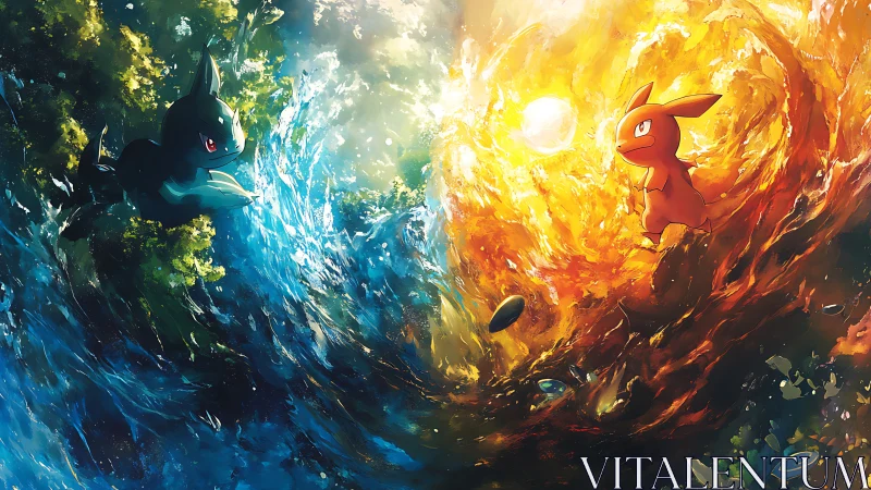 Elemental vortex duel contrasts stylized water and fire dynamics