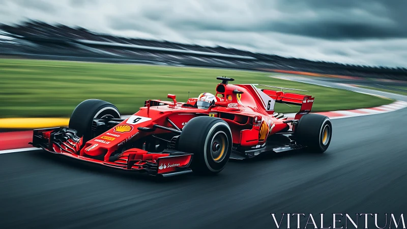 Red single-seater race car on circuit in motion blur.