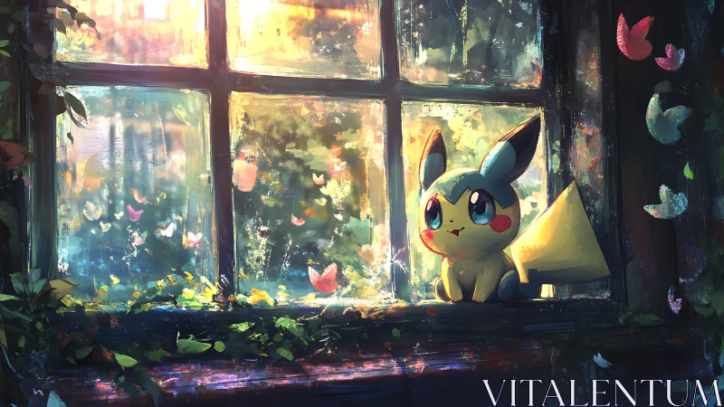 Small yellow creature by bright window with butterflies.