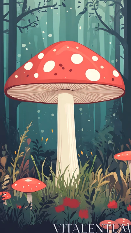Gentle red toadstool rises quietly in a dreamy forest glade