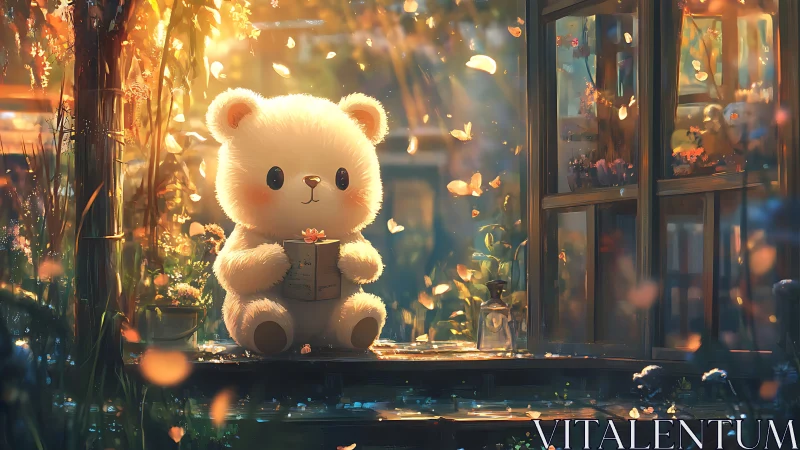 Digital bear figure sits by window amid backlit particles