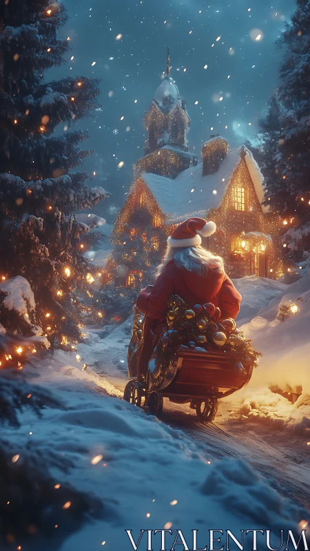 Santa hauls gleaming gifts toward snowlit chapel lane.