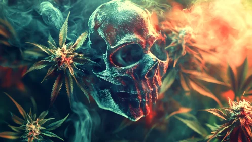 Frosted skull amid cannabis plants in colored smoke.