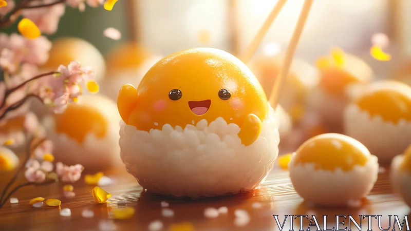 Kawaii egg mochi cluster under cinematic depth-of-field lighting.