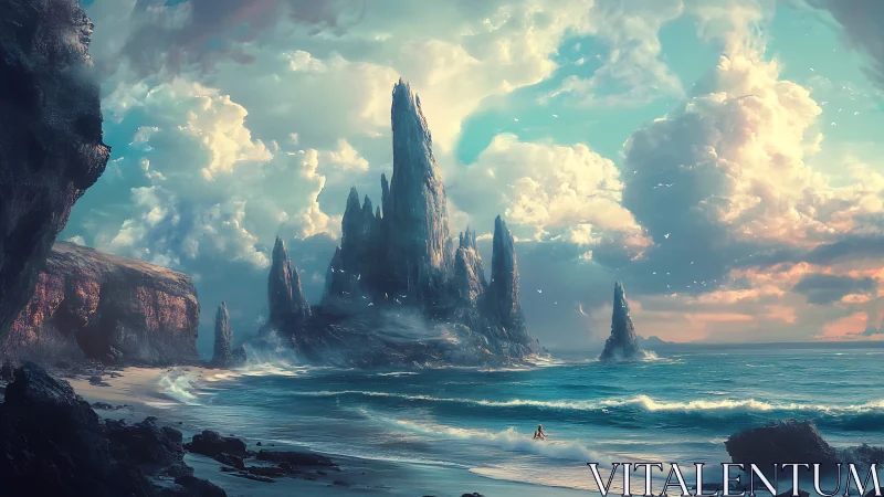 Towering Island Spires Rise From Turquoise Seas.