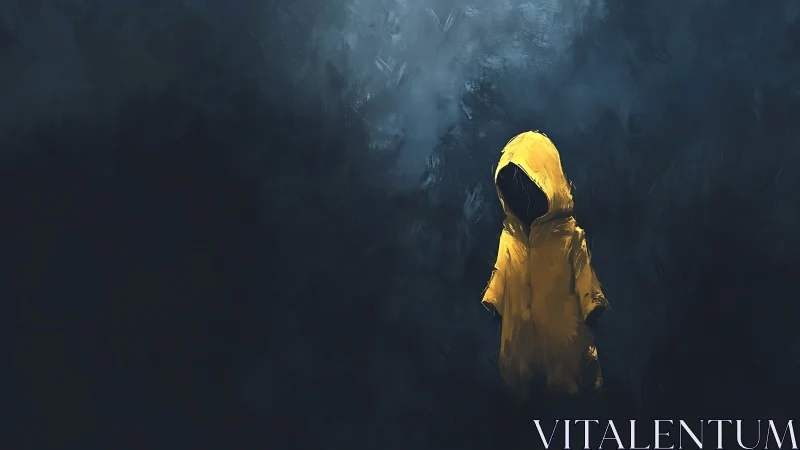 Lonely child in yellow raincoat glowing in the dark night.