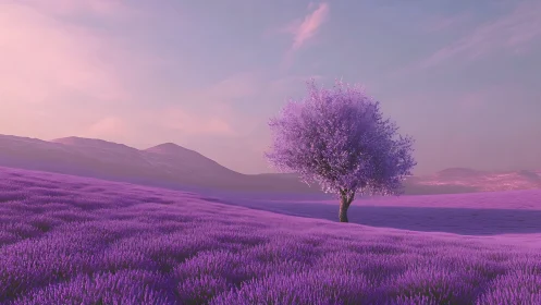 Gentle lavender tree glowing in a dreamy sunset field.