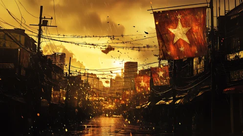 Dystopian rain-soaked alley with star banners and skyline glow.