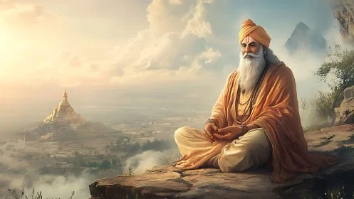 Mountain sage in golden robes overlooking distant temple.