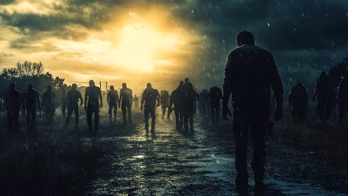 Silhouetted figures advance on rainy road at sunset.