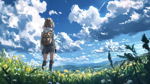 Girl with backpack stands in wildflower field under sky