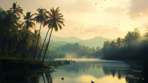 Golden dawn settles gently over a quiet tropical river