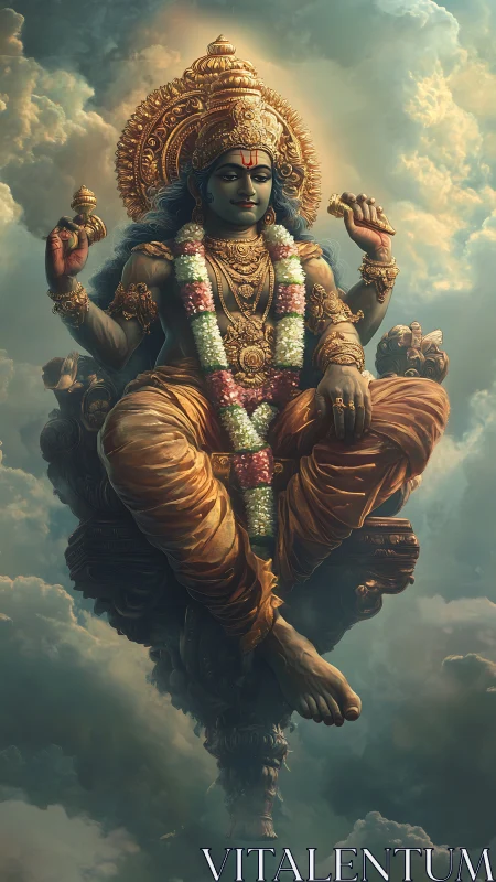 Divine four-armed deity seated on ornate celestial throne.