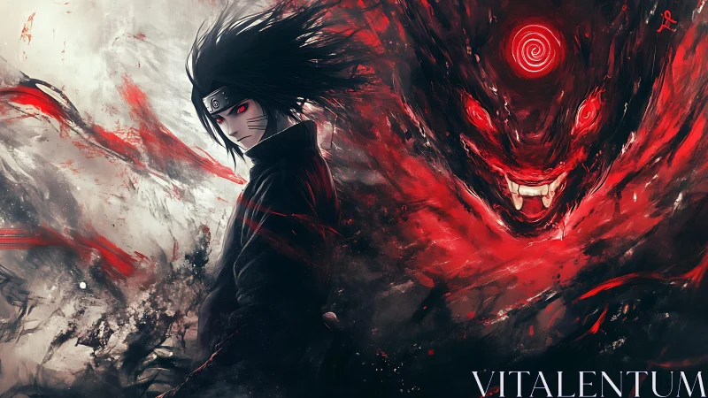 Dark anime warrior channels swirling red demon energy