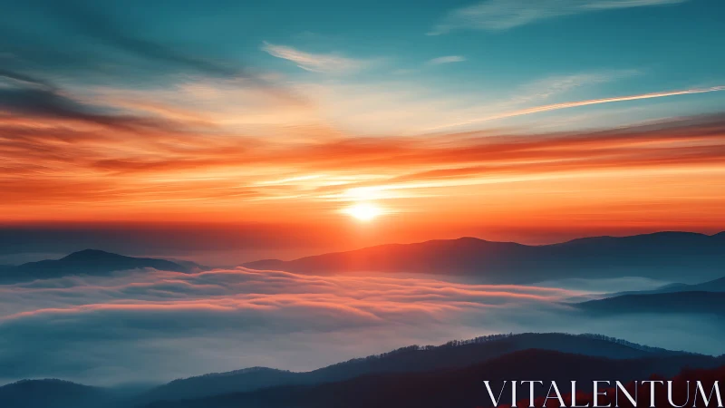 Sunrise over blue mountains and dense fog-filled valley.