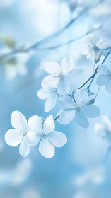 Delicate White Blossoms with Soft Focus Depth of Field on Blue Background