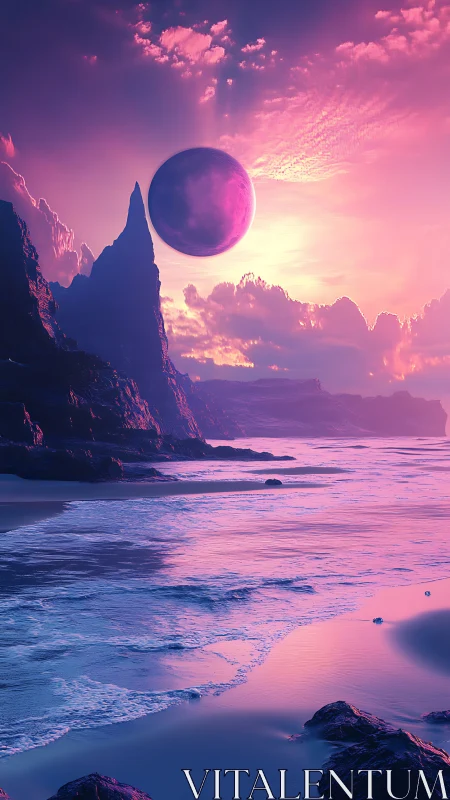 Coastal landscape with spherical celestial body at dusk.