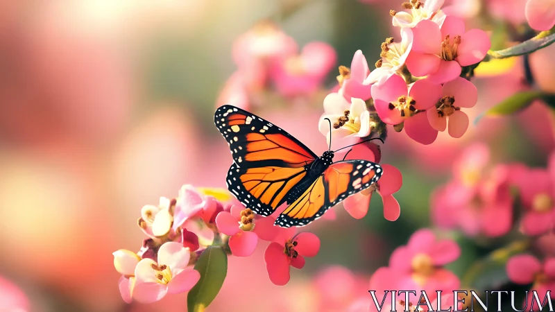 Monarch butterfly resting on vivid pink blossoms in soft bokeh field.