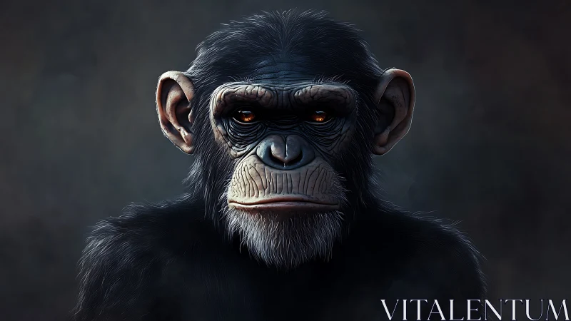 Close frontal render of chimpanzee head on dark gradient background.