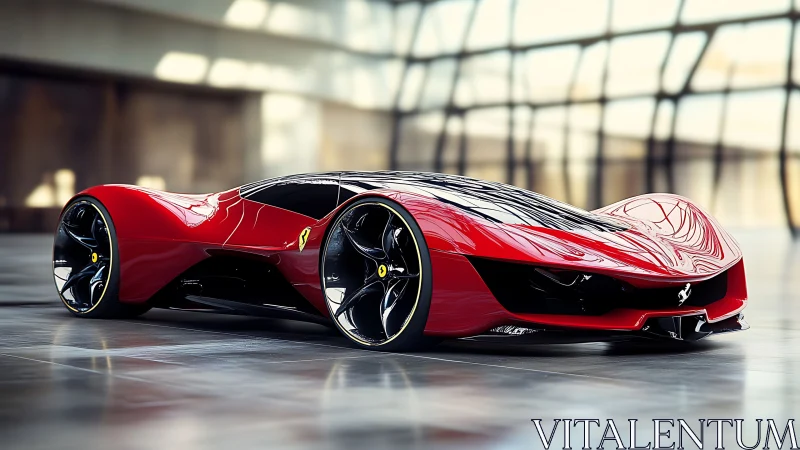 Low red concept supercar in modern glass interior space.