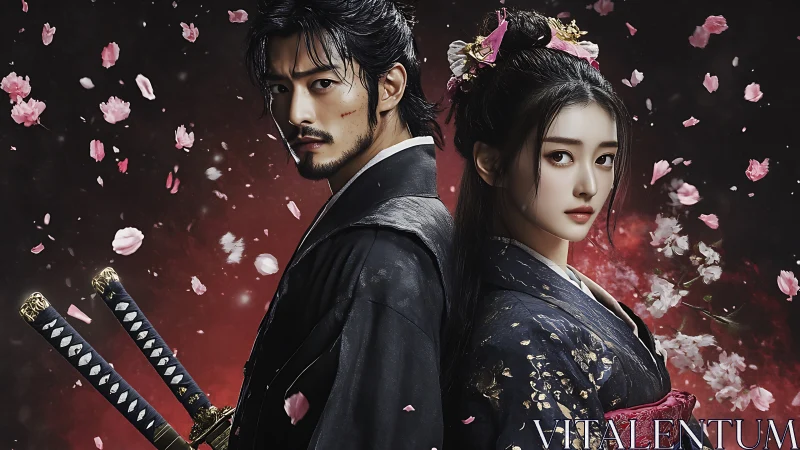 Dual portrait of samurai swordsman and kimono-clad woman