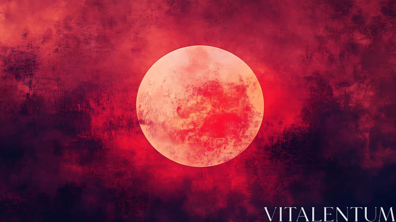 Crimson abstract moon over textured cosmic skyscape.