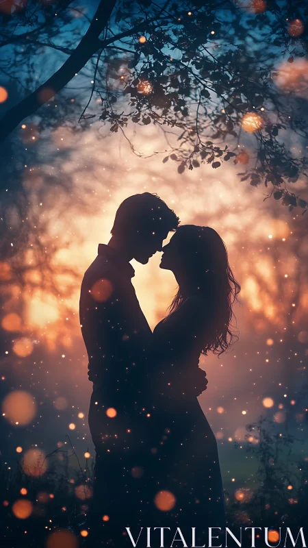 Two silhouetted figures positioned closely against golden bokeh lighting