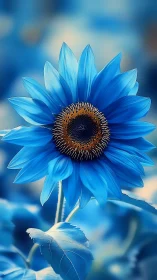 Blue sunflower close-up against soft blurred background.