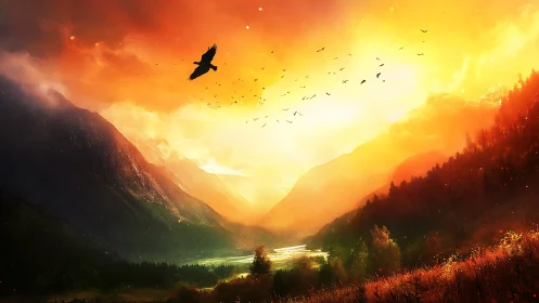 Digital painting sunset valley with soaring silhouette focal point.