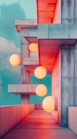 Geometric concrete terrace with glowing orbs in cyan dusk