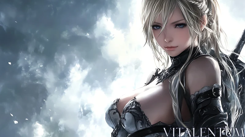 Armored warrior maiden stares ahead against stormy sky