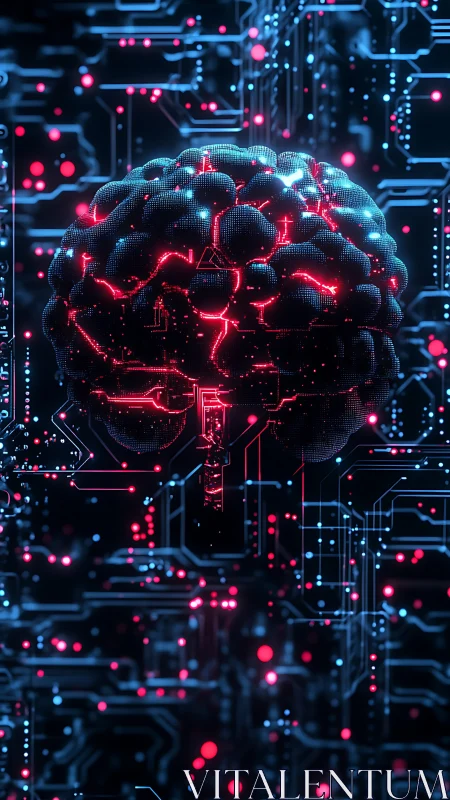 Neon cyber brain powers glowing AI circuit network.