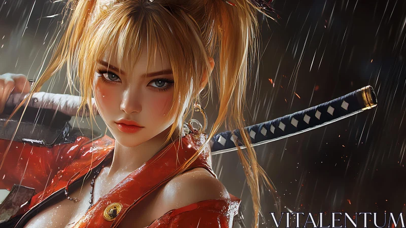 Fierce anime swordswoman in rain with drawn katana