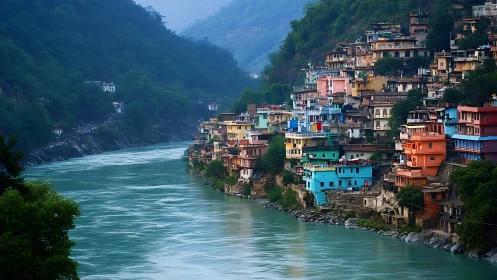 Colorful riverfront town nestled in lush misty mountains.
