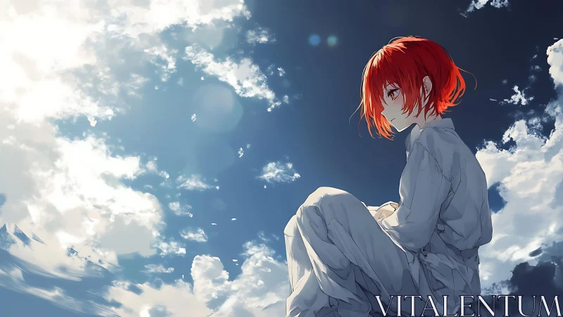 Quiet red haired dreamer sits gently beneath a wide sky