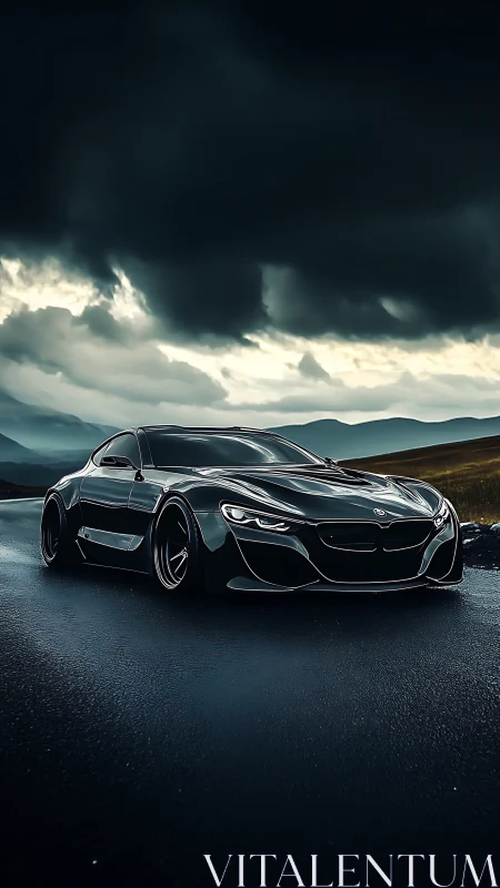 Sleek black sports car cuts through storm-dark mountain pass.
