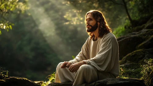 Serene robed figure in forest bathed in golden light.