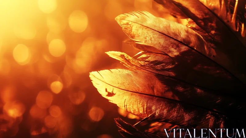 Golden backlit bird feathers against glowing bokeh sunset.