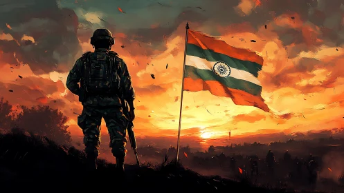 Indian soldier silhouette beside tricolour at fiery sunset sky.