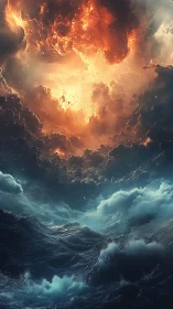 Fiery storm-torn sky roars above a dark, heaving ocean
