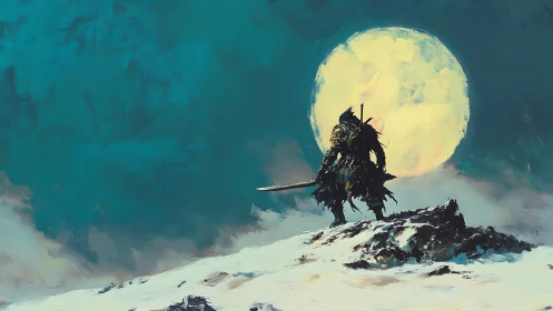 Lone armored warrior with sword under huge winter moon.