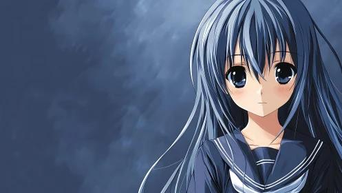 Quiet blue-haired schoolgirl in a soft twilight pause.