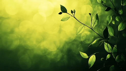 Delicate Green Leaves Against Soft Sunlit Bokeh Background.