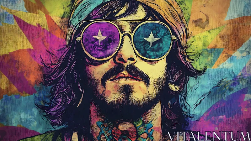 Psychedelic portrait with star glasses and vivid texture.