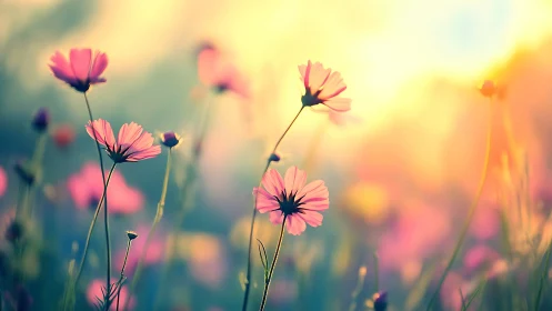 Pink cosmos flowers bathed in warm golden sunlight.