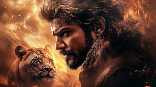 Fiery warrior portrait with tiger ally in glowing embers.
