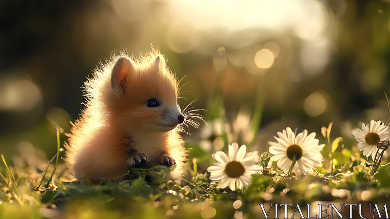 Baby fox sits among daisies in backlit grassy field