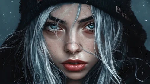 Ice-eyed girl with silver hair in winter street portrait.